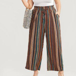 Striped Contrast Paperbag Waist Ties Up Pocket Pants